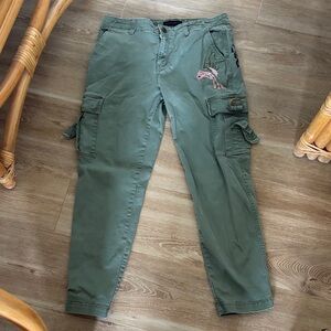 Green Cargo Pants with Embroidered Design